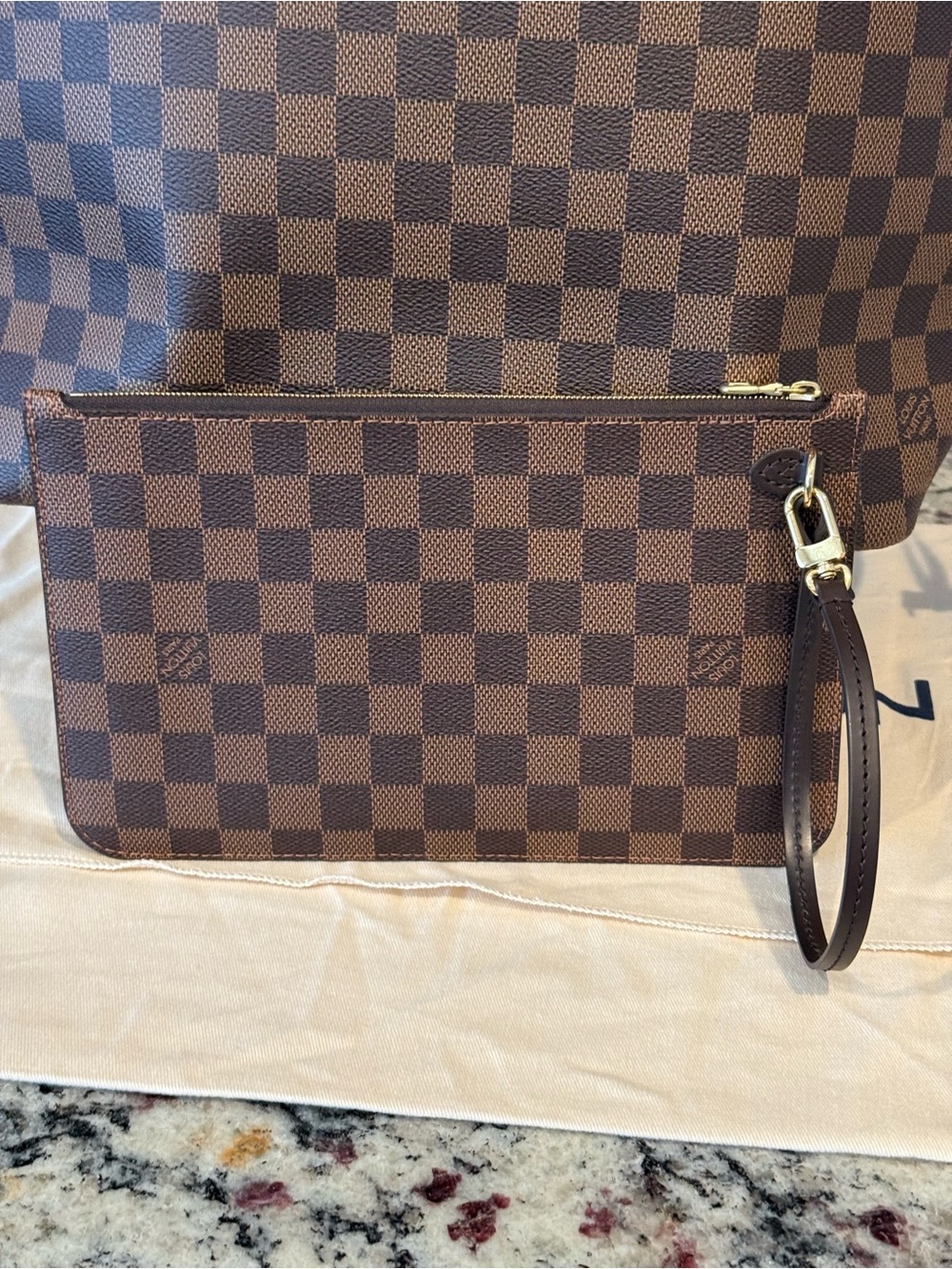 Louis Vuitton Brown Damier Canvas Wristlet Pouch with Gold Hardware